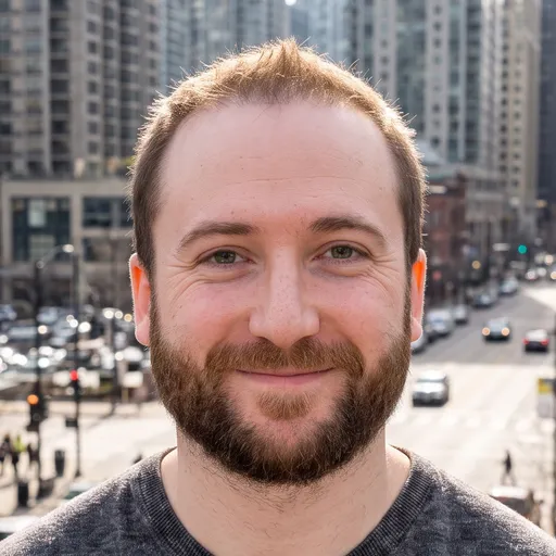 Erik Fryscok smiling outdoors with a city street in the background.